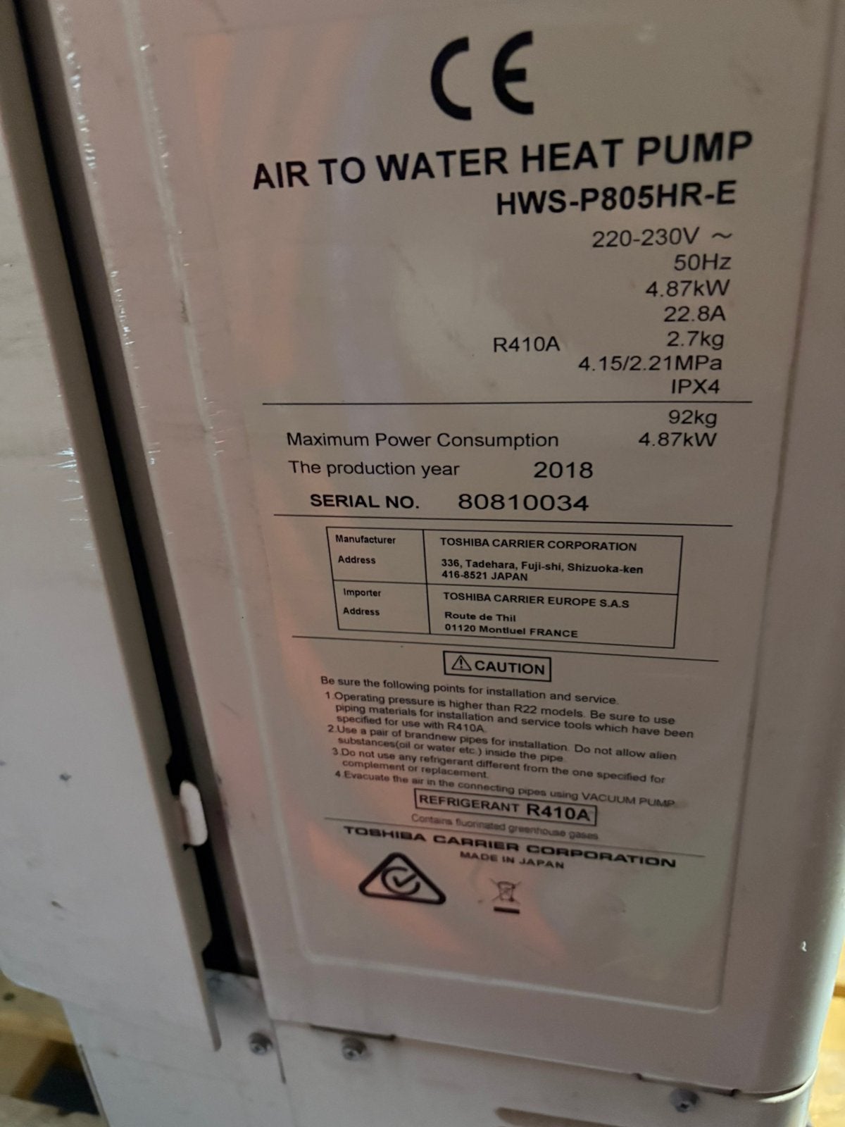 Toshiba warmtepomp, Ophalen, Minder dan 60 m³, Zo goed als nieuw, Energieklasse A of zuiniger