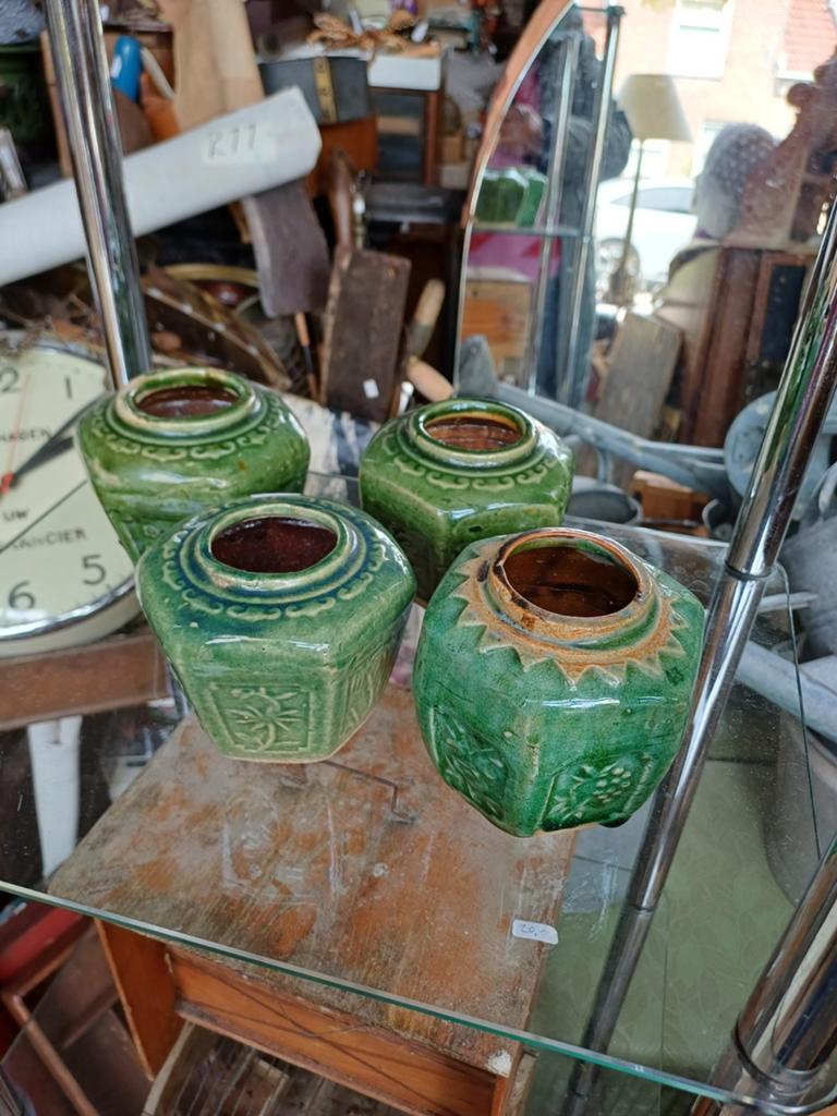 Set van 4 vintage groene gemberpotjes - 9 cm hoog, Ophalen of Verzenden