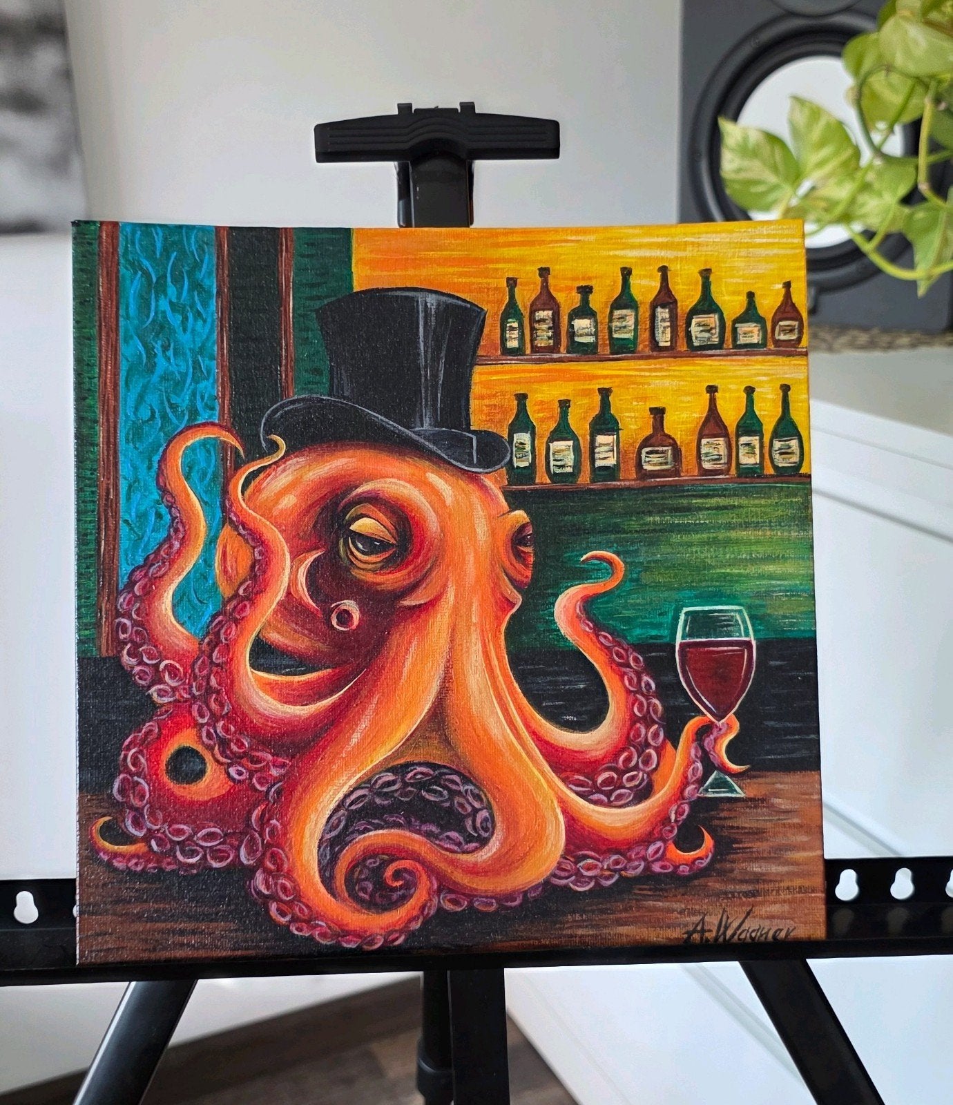Handgeschilderd schilderij – Octopus in de bar – 25x25 cm, Ophalen, Acrylverf, Gesigneerd, Dieren