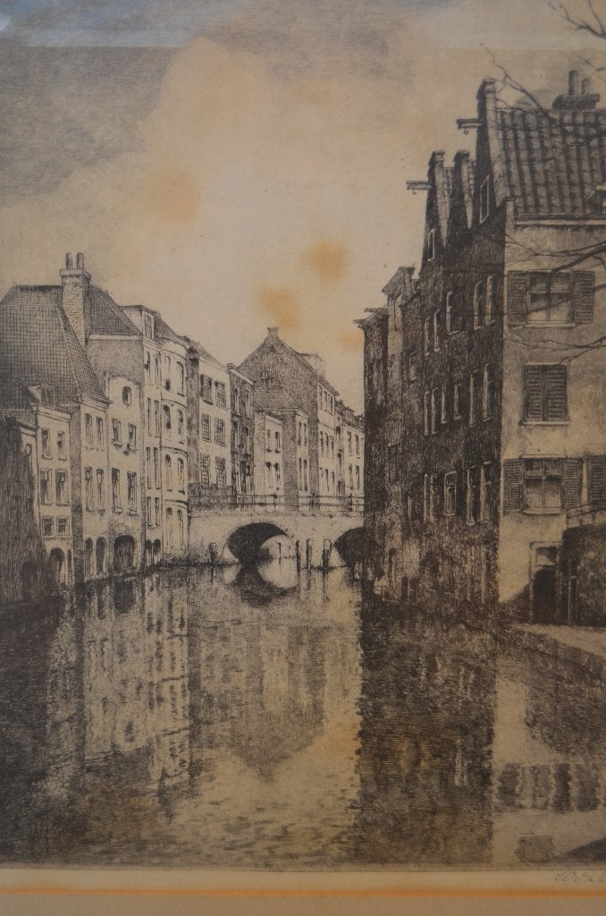 Ets Utrecht bij Flora's Hof Willem van Leusden, 33 cm, Ets, Stadsgezicht, 41 cm