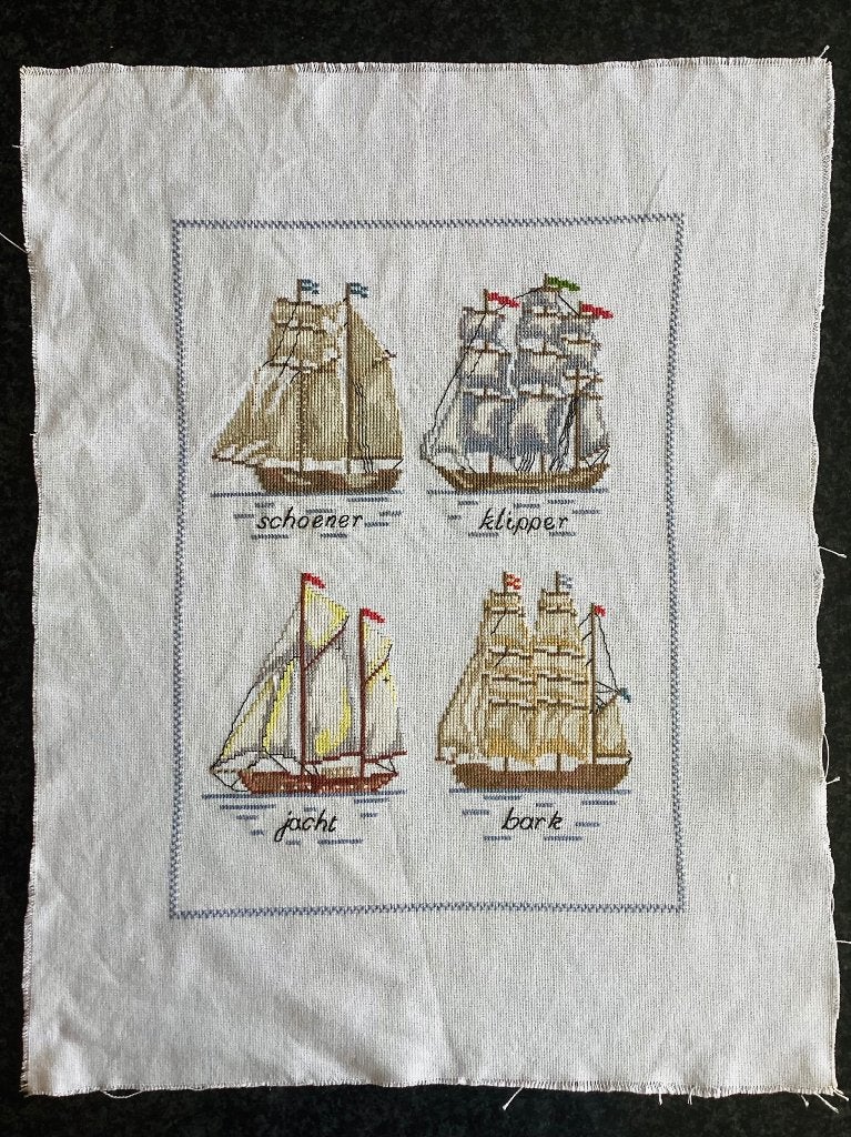 Borduurwerk, zijde, zeilschip, tall ships, vintage, Ophalen, Gebruikt, Handborduren, Overige typen