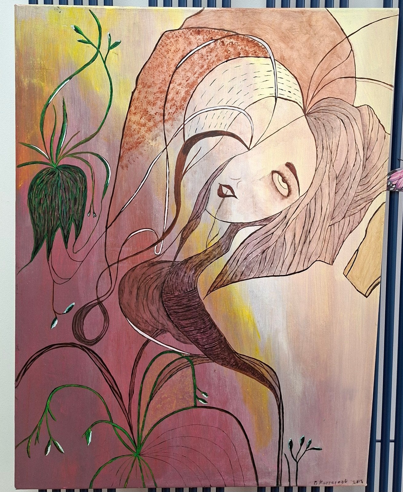 Abstract acrylverf vrouwenportret met botanische elementen, Antiek en Kunst, Ophalen