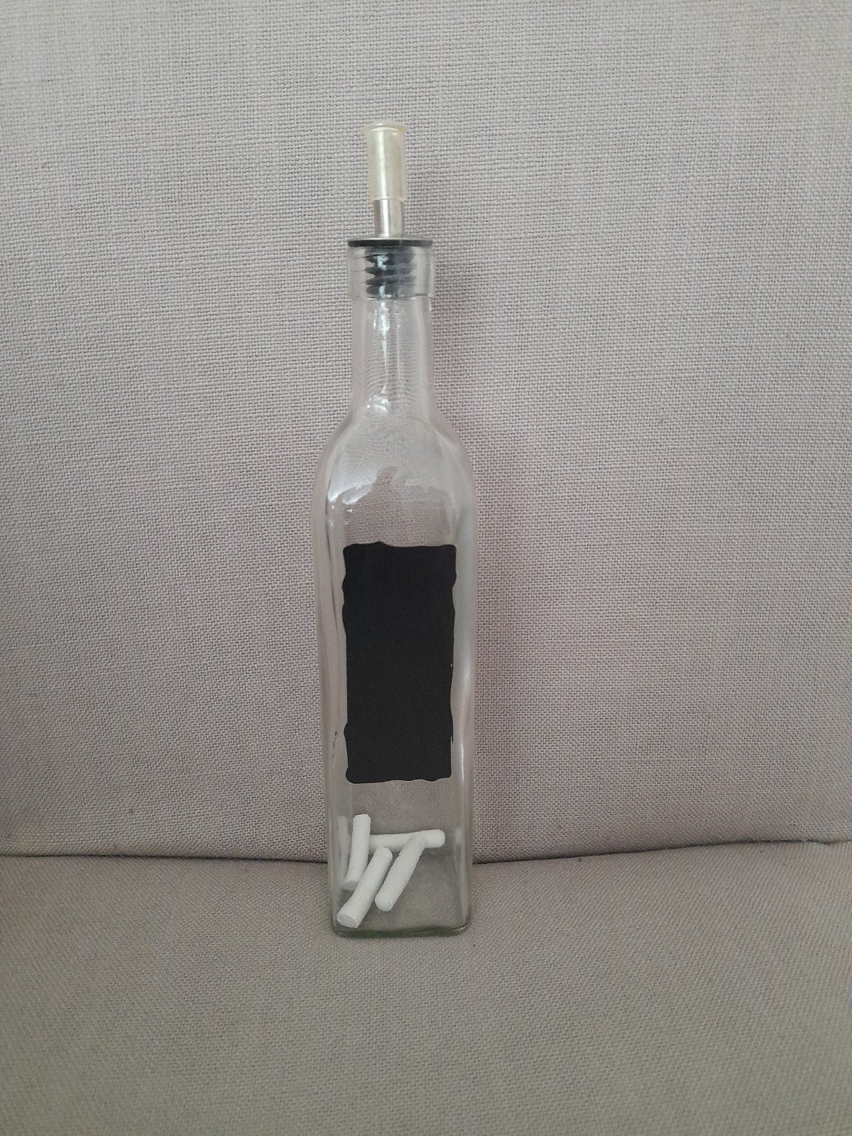 Glazen fles met schenktuit en krijtbordlabel, Ophalen, Overige merken, Glas, Overige typen