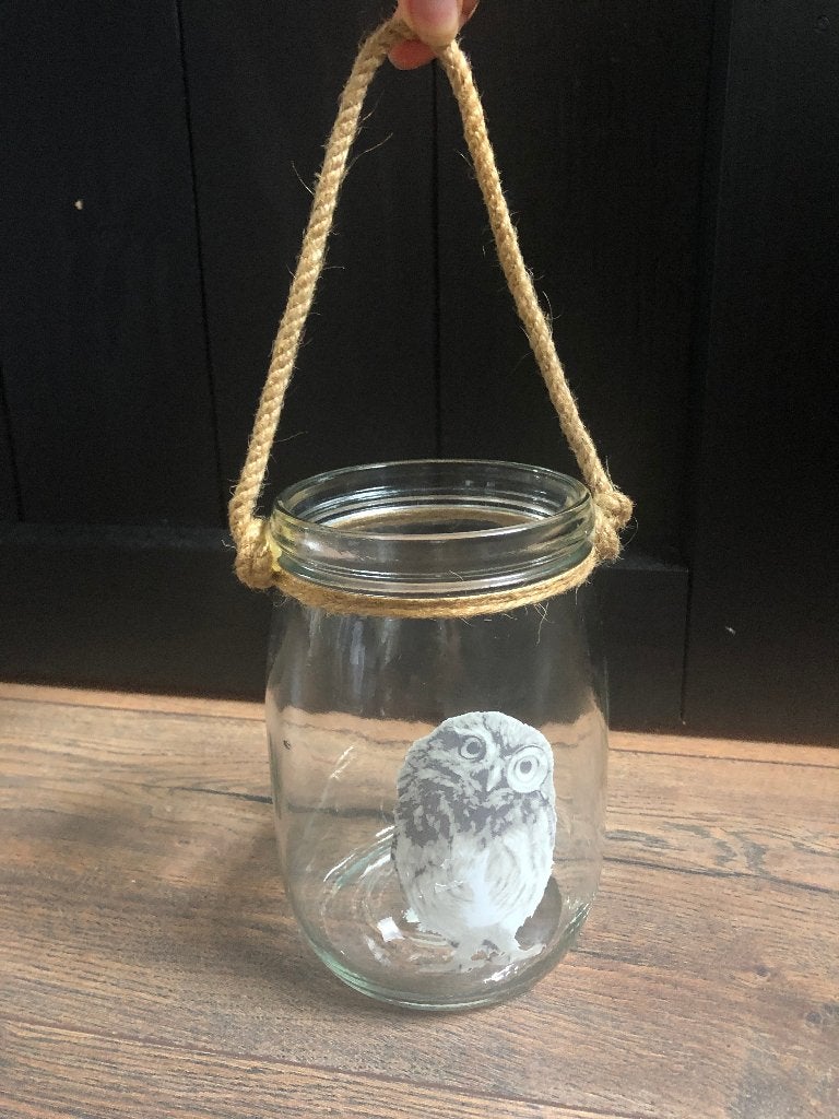 Glazen windlicht / pot / vaas | met uil print, Overige materialen, Ophalen of Verzenden, Zo goed als nieuw, Kandelaar