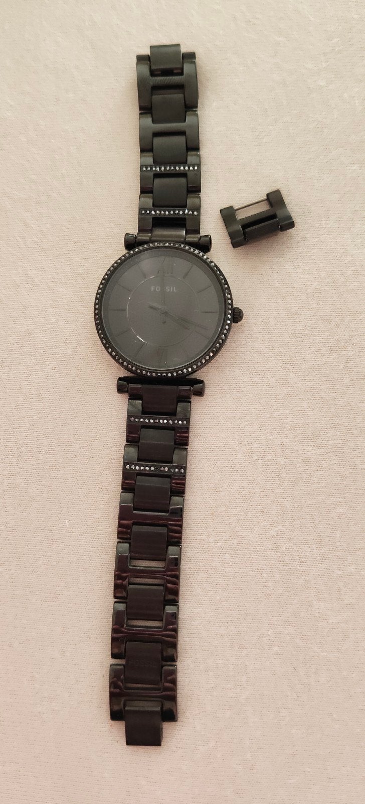 Fossil horloge zwart met steentjes 1x gedragen, Ophalen of Verzenden, Zo goed als nieuw, Staal, Fossil