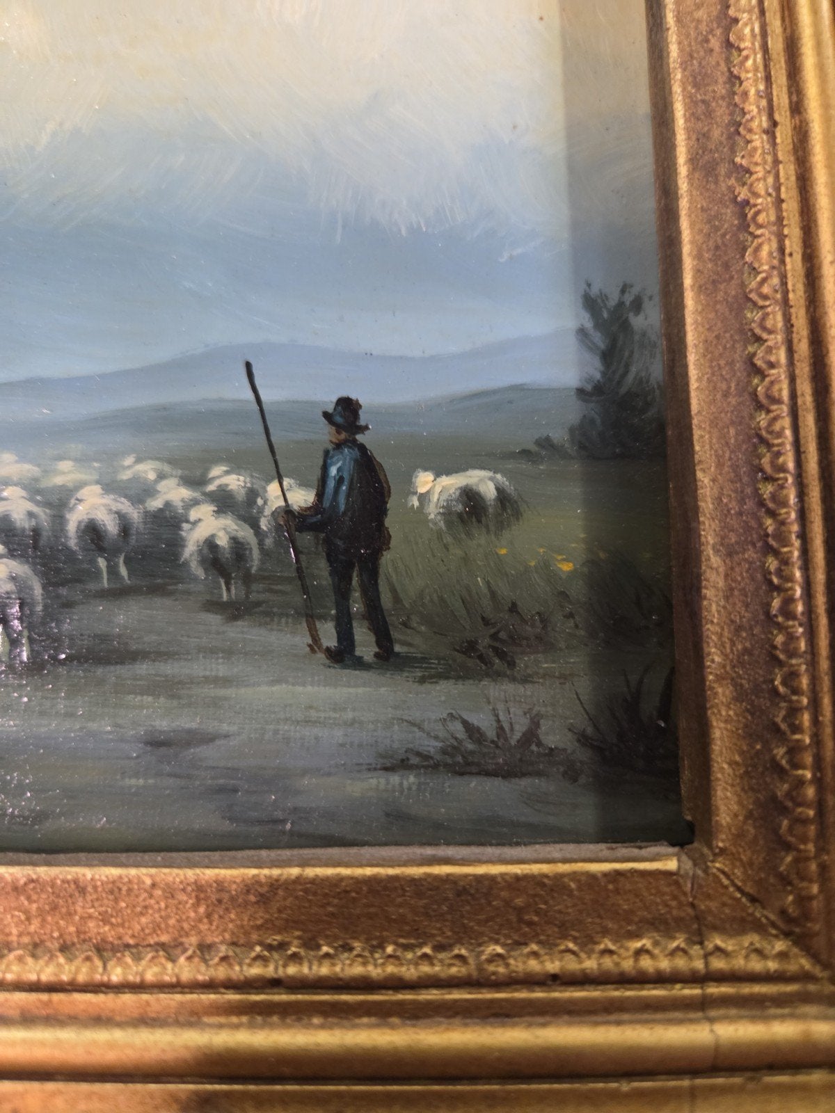 landschap op houten paneel schapen HM Voerman, Ophalen of Verzenden, Landschap