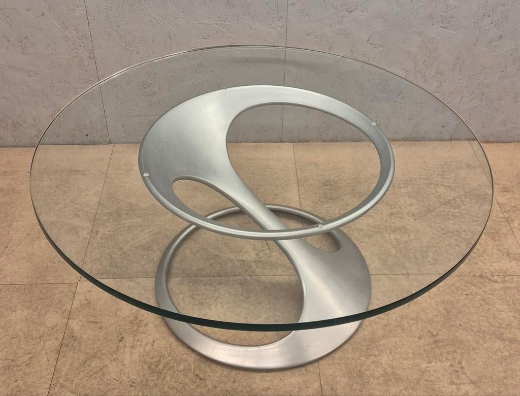 Vintage Knut Hesterberg salontafel glas alu space age Ø99, Gebruikt, 50 tot 100 cm, Rond, 50 tot 100 cm