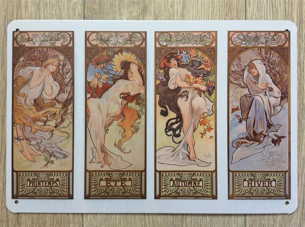 ALPHONSE MUCHA 4 Jaargetijden Metalen Wandbord poster, Verzenden