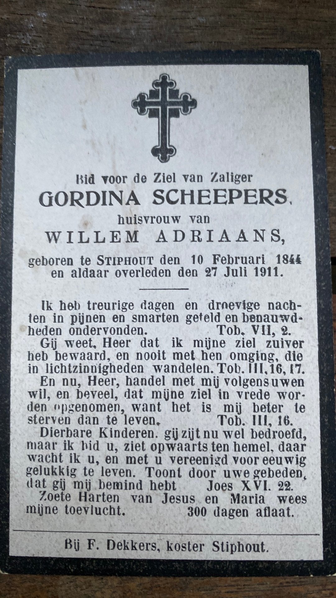 G Adriaans - Scheepers 1844 Stiphout 1911, Ophalen of Verzenden