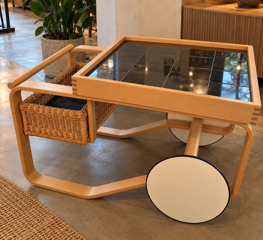 Vintage Trolley Artek serveerwagen met tegels en rieten mand, Ophalen, Huis en Inrichting