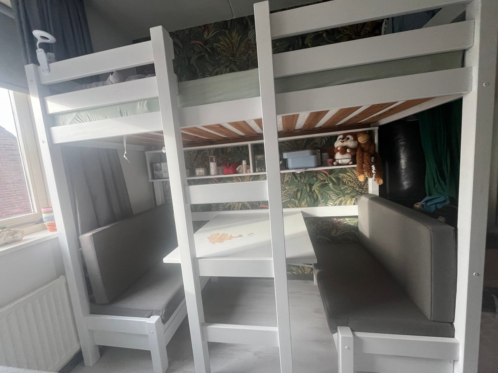 Mooie hoogslaper met zitje en tafel, incl. kussens/matras, Ophalen, Eenpersoons, Zo goed als nieuw, 200 cm