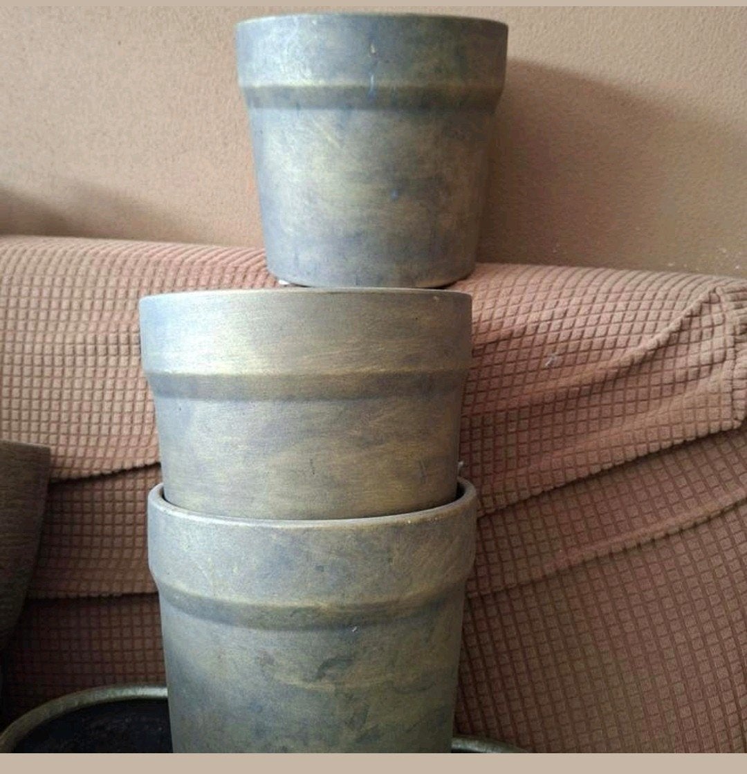 Set van 3 industrieel gouden potten, Tuin en Terras, Bloempotten, Ophalen, Rond, Aardewerk, Minder dan 40 cm