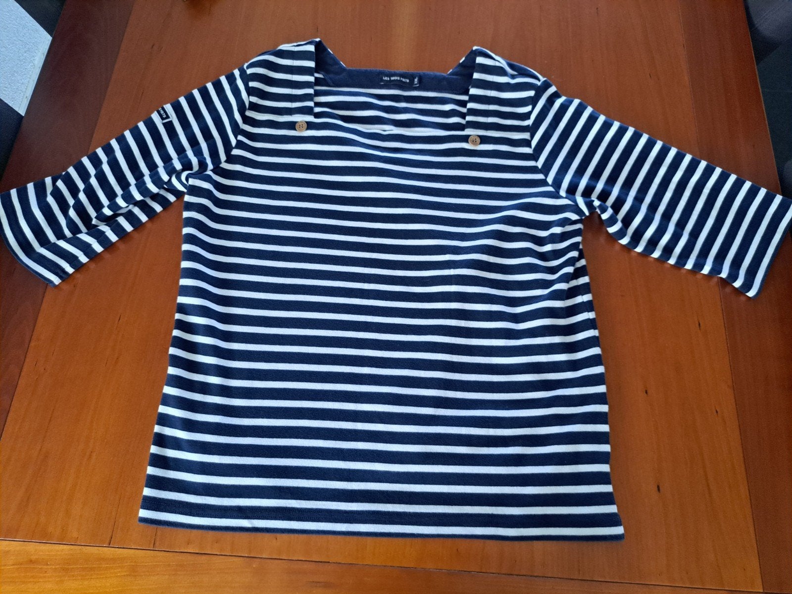 Les Trois Mats bretonse streep shirt 3/4 mouw XXL/ 44, Blauw, Maat 42/44 (L), Zo goed als nieuw, Korte mouw