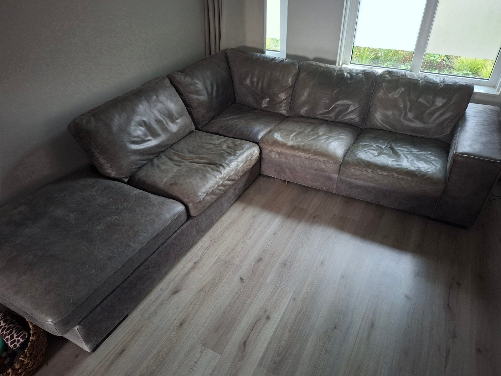 Grijs leren (buffel) hoekbank, Huis en Inrichting, Ophalen, Gebruikt, Leer, Modern, Comfortabel