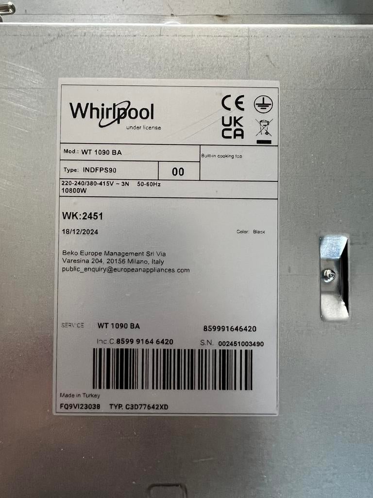 Whirlpool inductie kookplaat, 5 pits, 90 cm, Witgoed en Apparatuur, Kookplaten, Ophalen, Zo goed als nieuw, Inbouw, Inductie