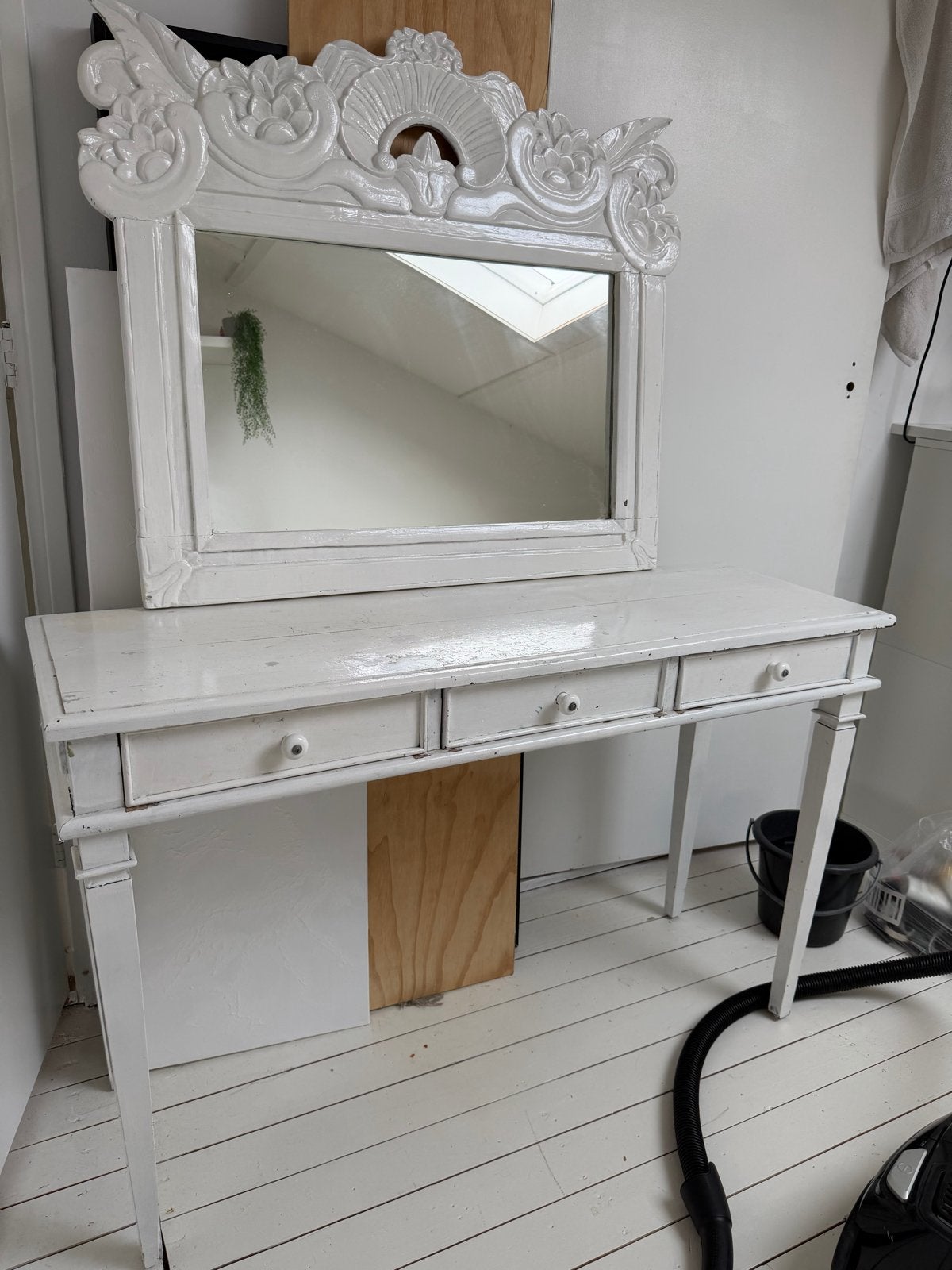 Witte vintage kaptafel met spiegel, Ophalen, Gebruikt, 100 tot 150 cm, Minder dan 100 cm