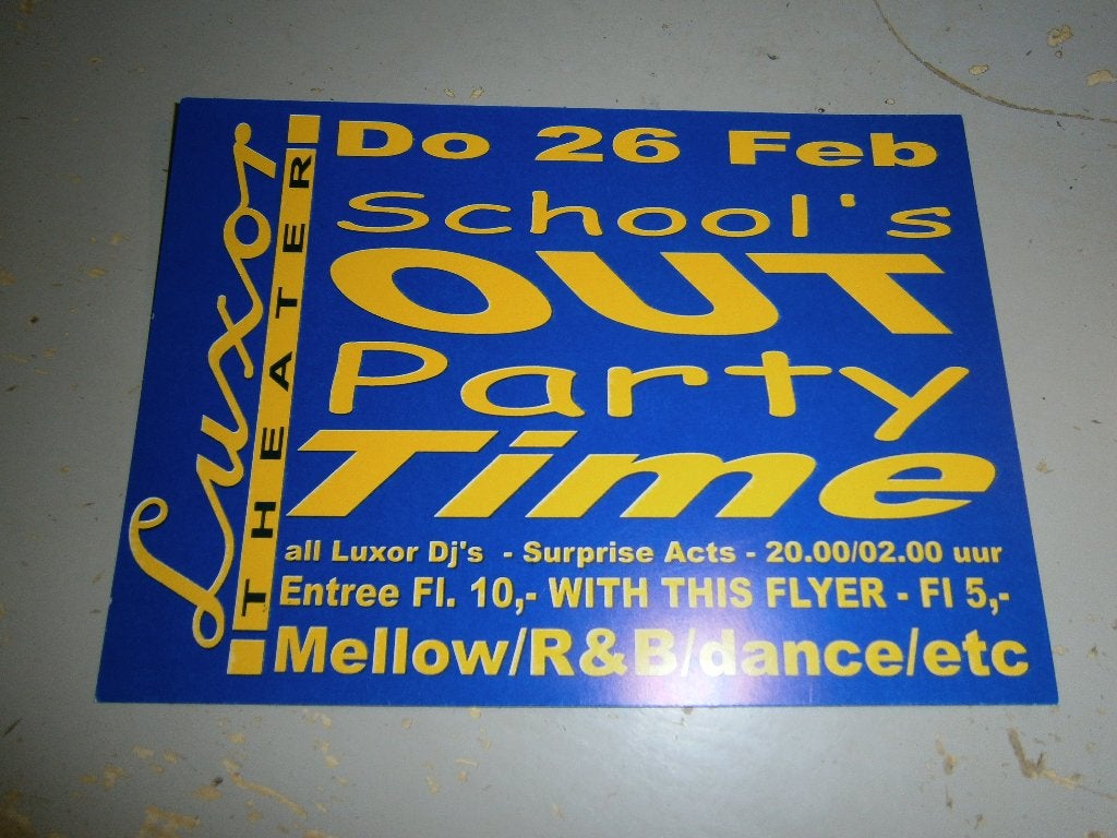 Luxor Arnhem – School’s Out Party – 26 feb 1992 – Flyer, Ophalen, A4 of kleiner, Rechthoekig Liggend, Zo goed als nieuw