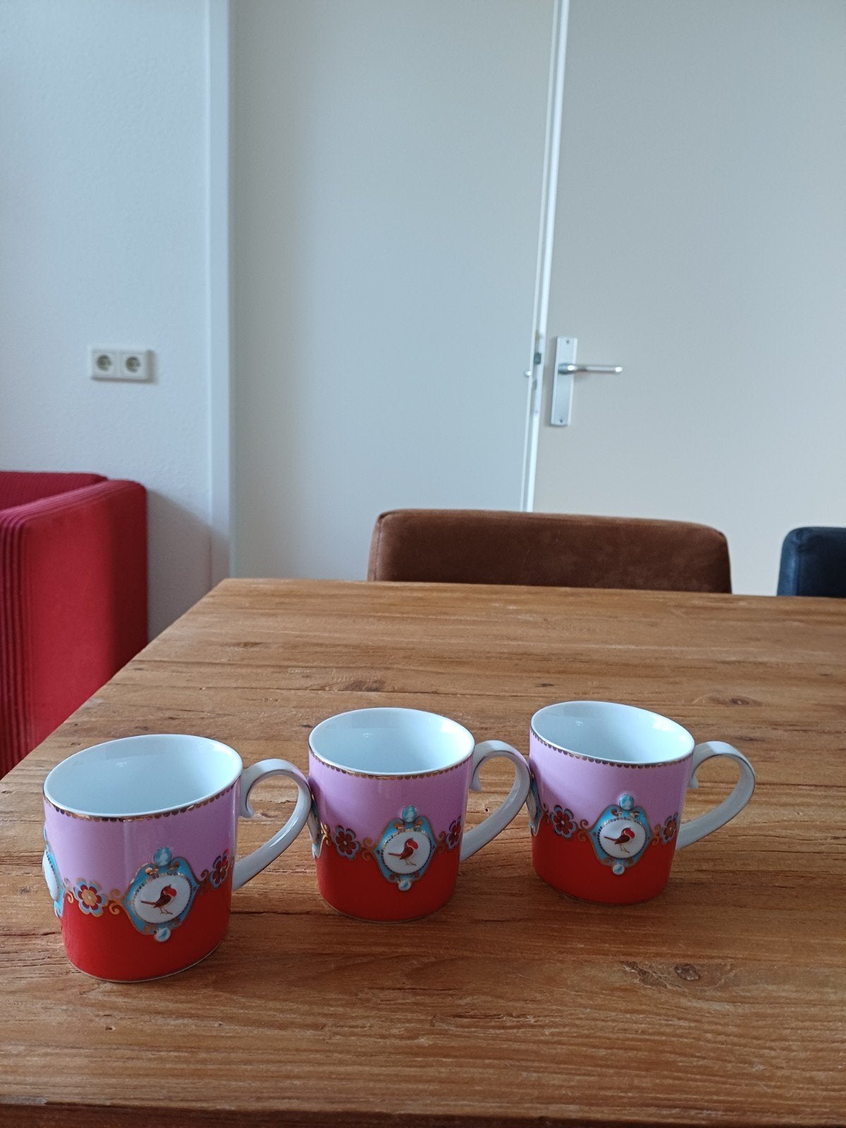 3 x pip studio mokjes, rood met roze, Ophalen, Pip Studio, Mok, Zo goed als nieuw