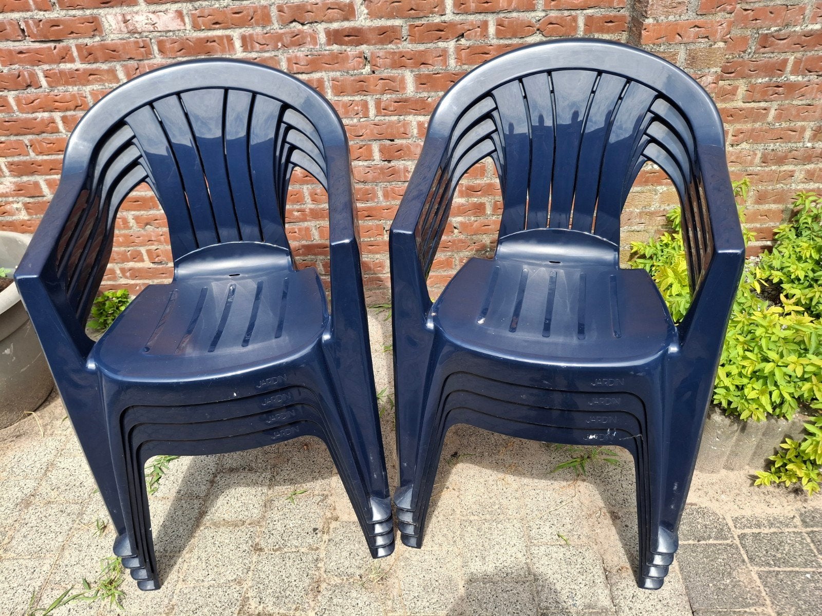 8 stapelbare tuinstoelen Jardin met kussens, Tuin en Terras, Tuinstoelen, Ophalen, Gebruikt, Kunststof