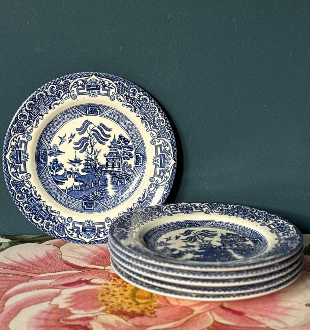 English Ironstone set van 6 vintage Old Willow gebakbordjed, Ophalen of Verzenden, Overige stijlen