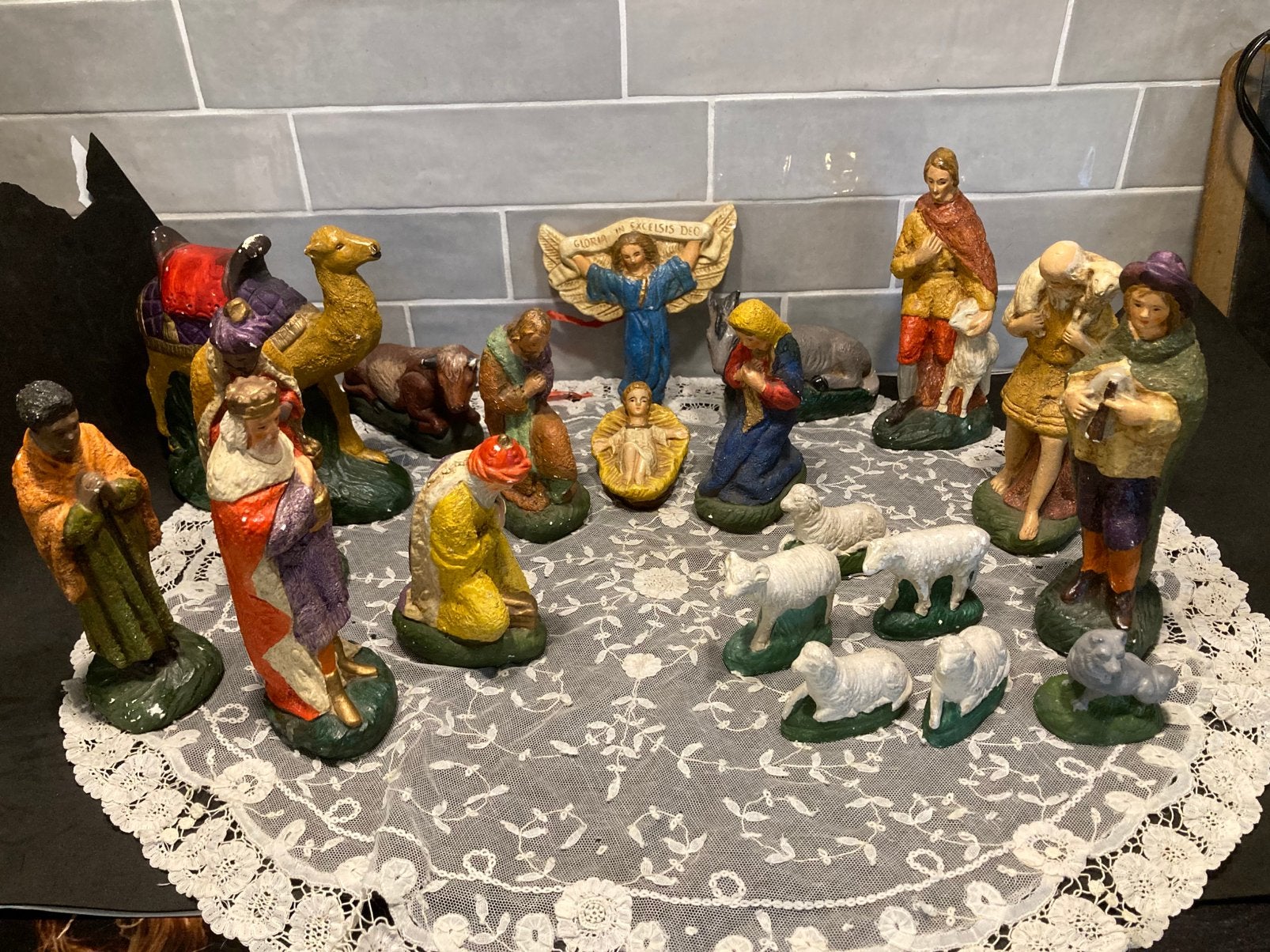 Oude kerststal beeldjes, jaren 40 (100924), Diversen, Ophalen of Verzenden, Gebruikt