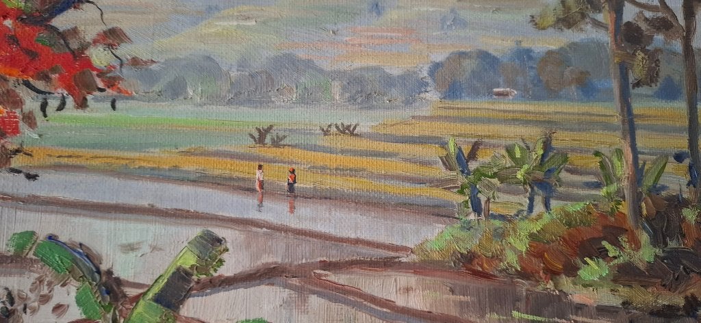 Indonesisch Schilderij GA Kadir Flamboyant Sawah, Doek, Ophalen of Verzenden, Gesigneerd, Landschap