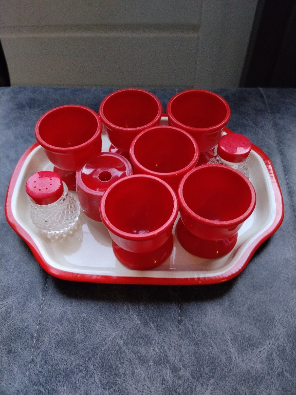 Vintage Emsa Eierdopjesset ‘Bologna’ – Jaren 70, Kunststof, Ophalen of Verzenden, Rood, Overige merken