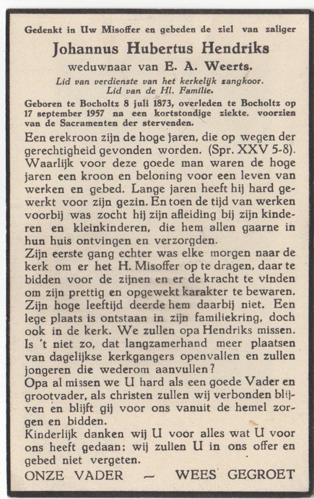 Johannus H. Hendriks 1873 - 1957 Bocholtz, 84 jaar oud, Verzamelen, Verzenden