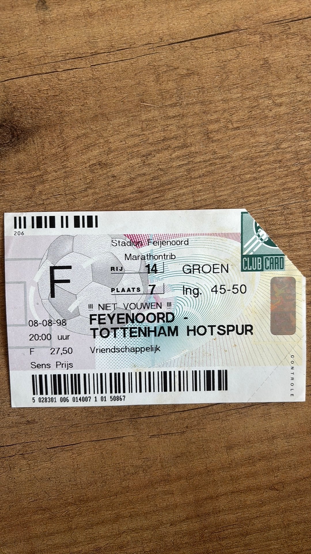 Oud stadionticket feyenoord spurs 1998, Ophalen of Verzenden, Zo goed als nieuw, Feyenoord