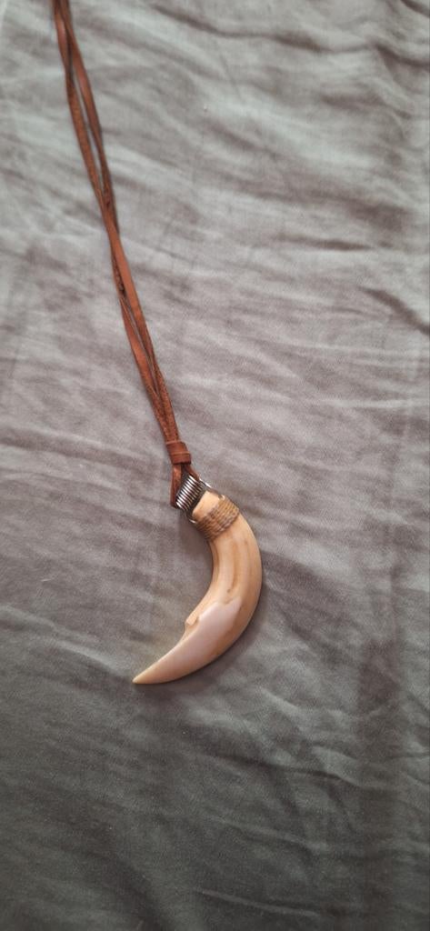 Zwijnentand hanger aan leren koord uit Brazilië, Sieraden, Tassen en Uiterlijk, Kettingen, Gebruikt, Overige materialen, Bruin