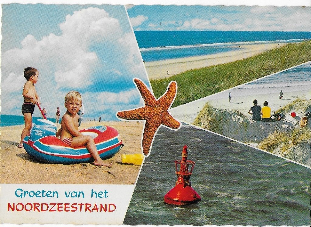 H18 gelopen ansichtkaart groeten van het noordzeestrand, Ophalen of Verzenden, 1980 tot heden, Gelopen, Waddeneilanden