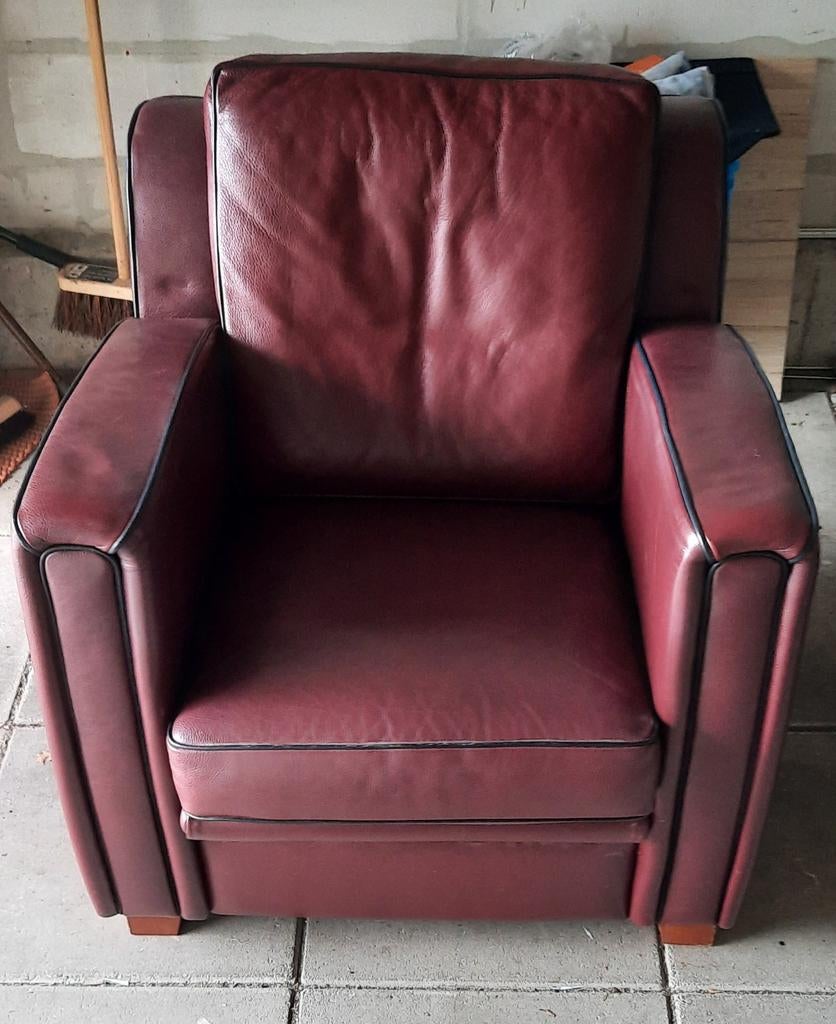 Rood leren fauteuil, Ophalen, Gebruikt, 75 tot 100 cm, 50 tot 75 cm