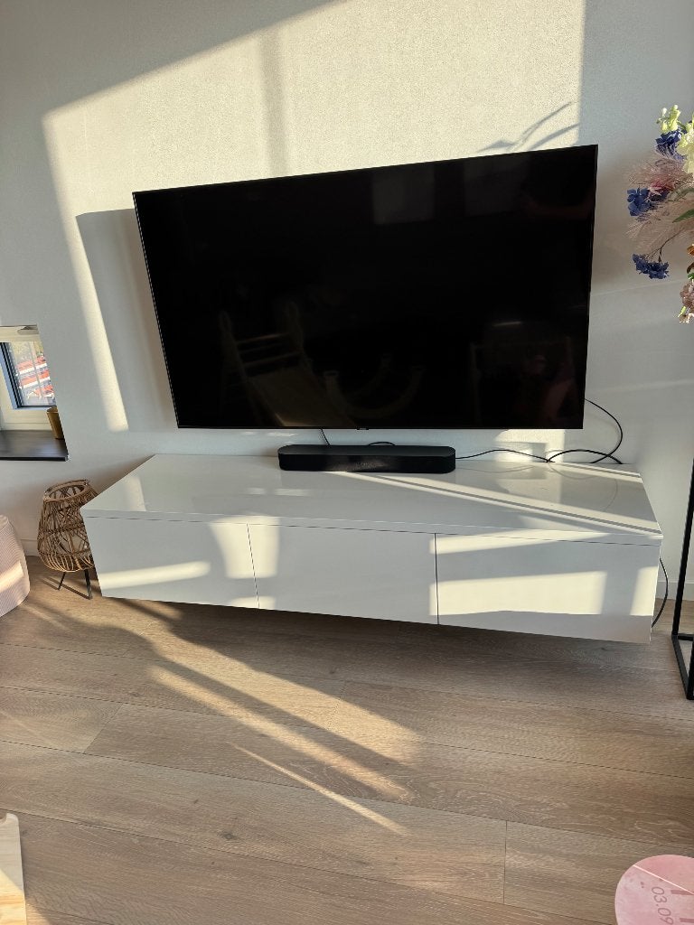 Hoogglans wit tv meubel, Ophalen, Overige materialen, Gebruikt, 150 tot 200 cm