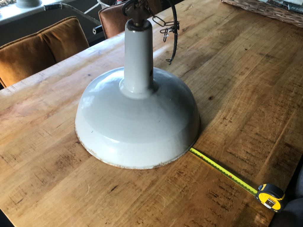 Prachtige antieke grijze emaille Philips fabriekslamp, Ophalen of Verzenden, Gebruikt, Emaille, Minder dan 50 cm