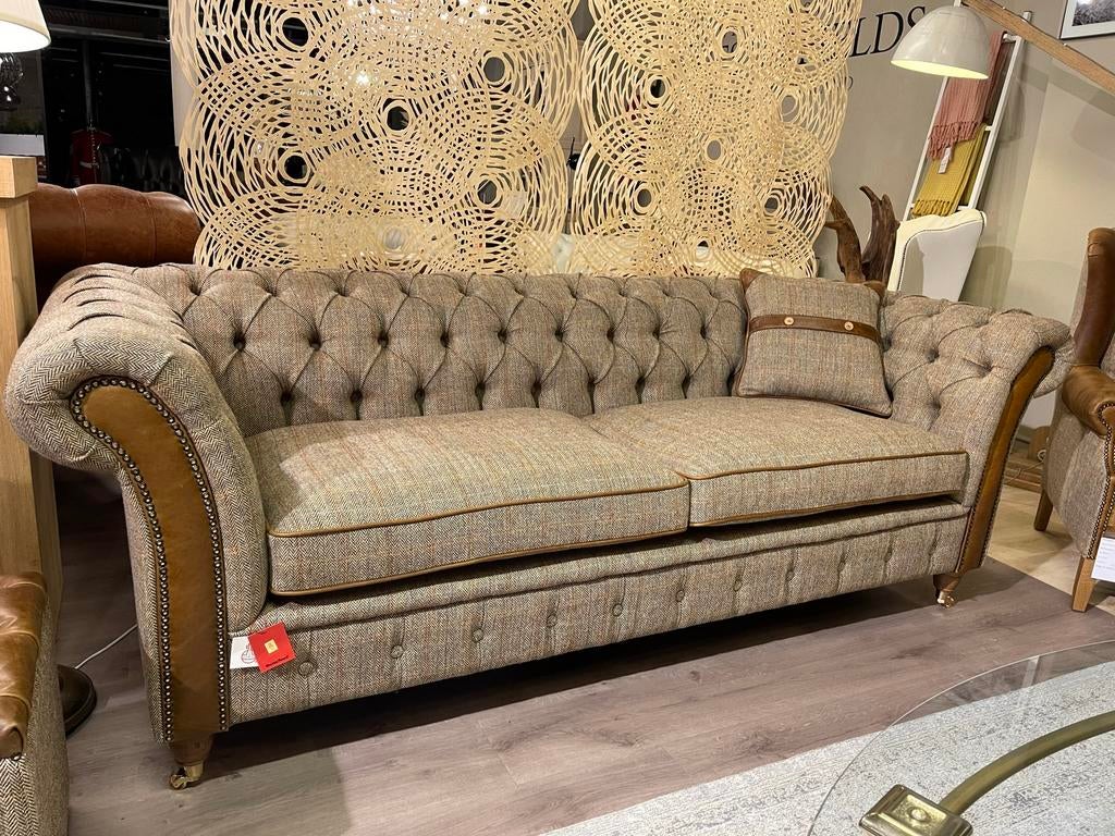 Henley Harris Tweed stof leer Chesterfield 3 Zits bank wol, Ophalen of Verzenden, Nieuw, 75 tot 100 cm, Stof
