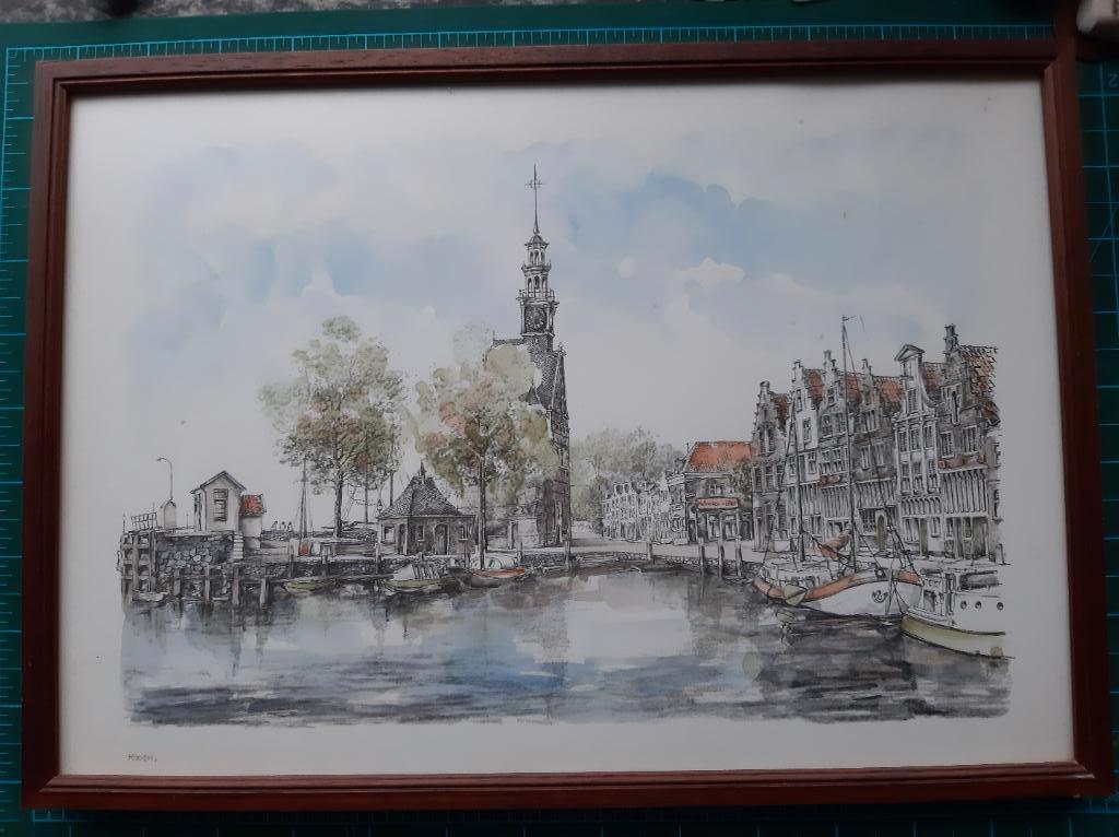 schilderij in lijst en achter glas, Hoorn Stadsgezicht, Ophalen of Verzenden