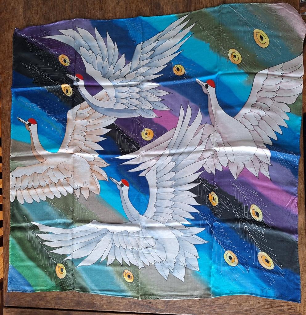 Vintage Japanse zijden Shawl met Kraanvogels, rolzoom, Kleding | Dames, Ophalen of Verzenden, Nieuw, Sjaal