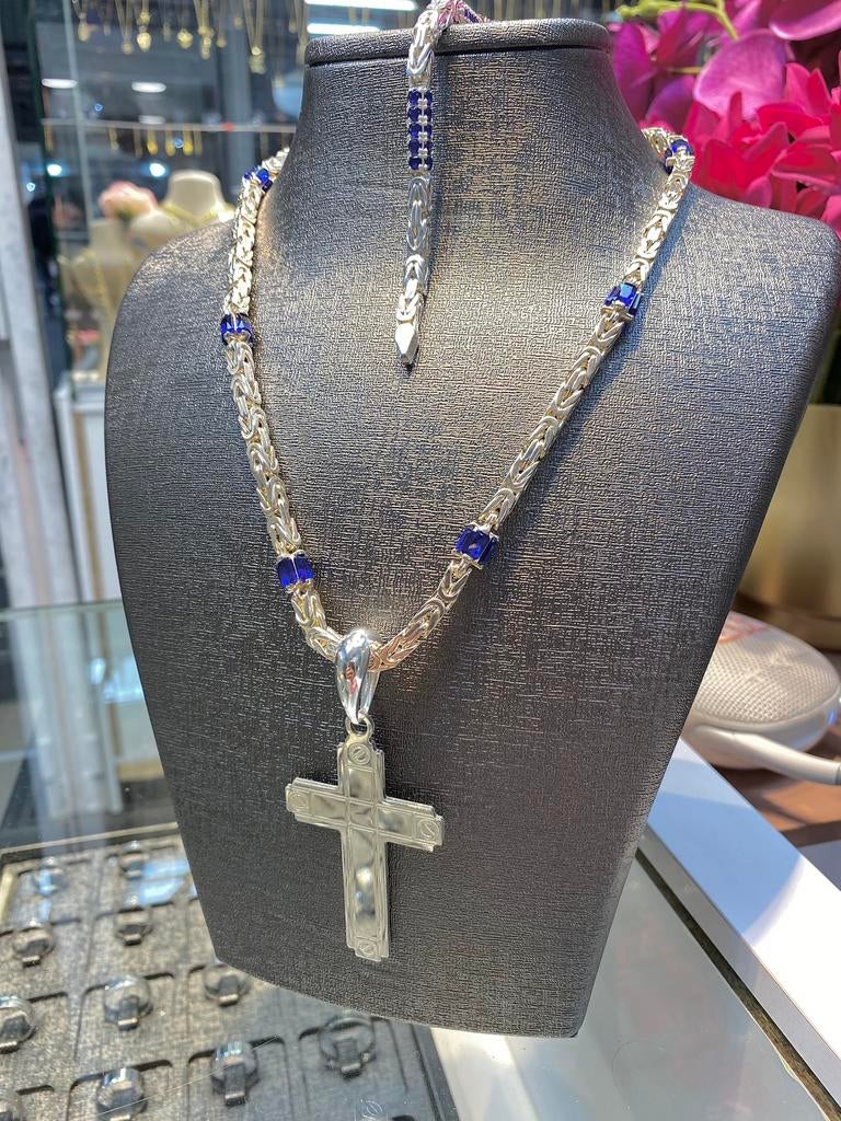 Zilveren Koningsset met Saffier & Kruis, Sieraden, Tassen en Uiterlijk, Kettingen, Nieuw, Zilver, Zilver, Met edelsteen, Verstelbaar