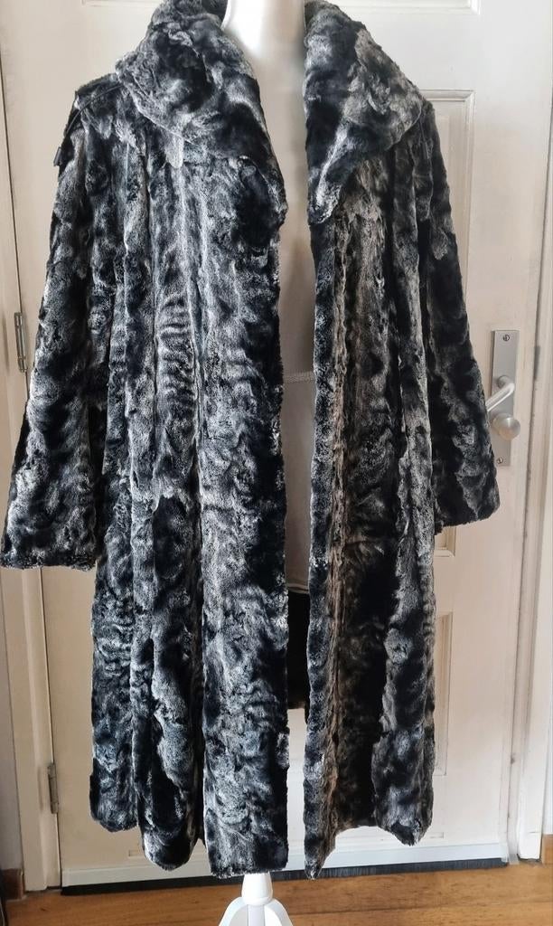 Zwart grijs gemêleerde lange " bontjas " mt 42/44 Vintage, Kleding | Dames, Zwart, Maat 42/44 (L), Ophalen of Verzenden, Zo goed als nieuw