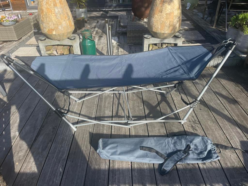 Prachtige hangmat grijs inklapbaar staat in 2 min, Tuin en Terras, Hangmatten, Ophalen, Zo goed als nieuw, Inklapbaar