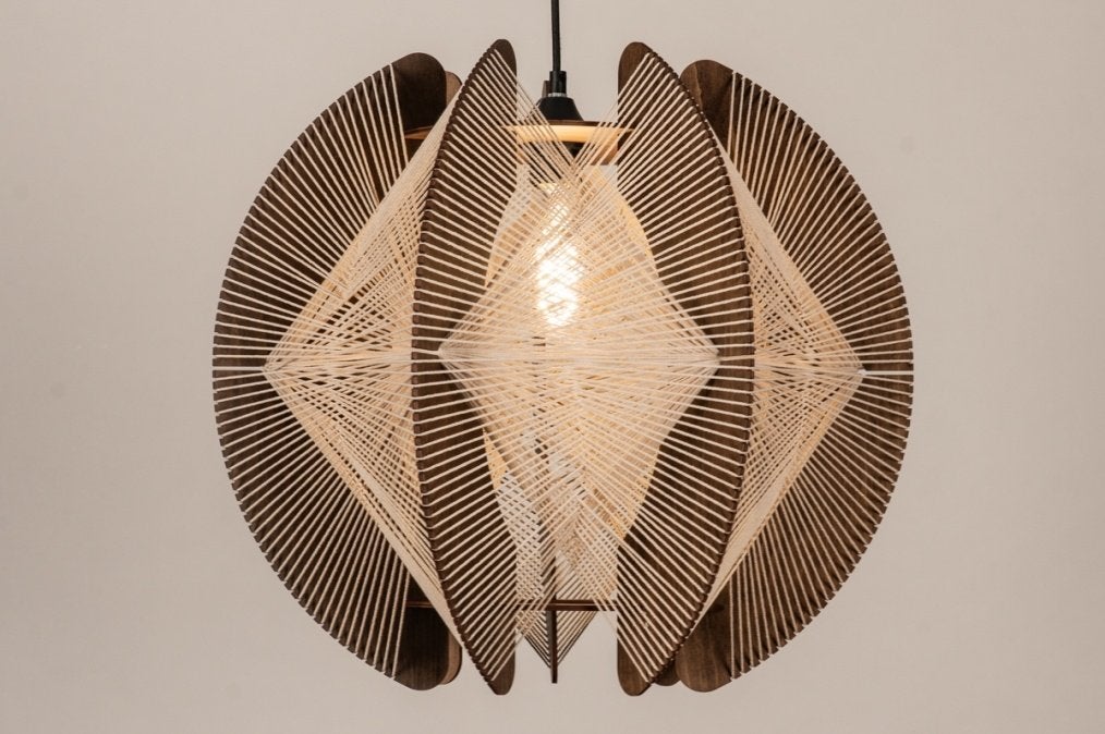 hanglamp 50cm hout walnoot japandi beige touw tafel lamp, Ophalen of Verzenden, Nieuw, Hout