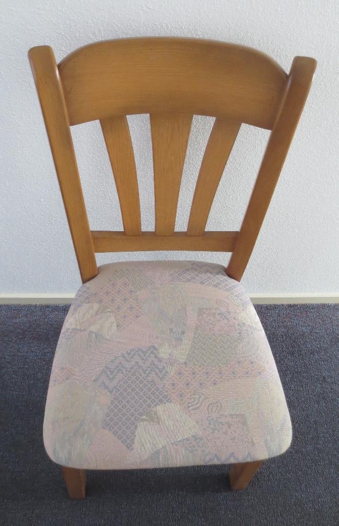 Vier eiken eetkamer stoelen met stoffen bekleding, Huis en Inrichting, Stoelen, Ophalen, Bruin, Eiken patine, Zo goed als nieuw