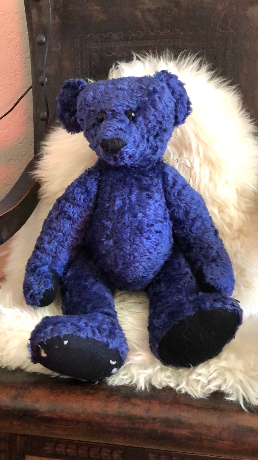 Grote blauwe mohair antieke beer met geluid, Ophalen of Verzenden, Zo goed als nieuw, Stoffen beer, Overige merken