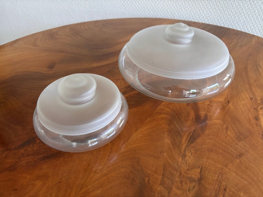 Vintage glazen koekdoos + bonbondoos Leerdam. Set., Ophalen of Verzenden