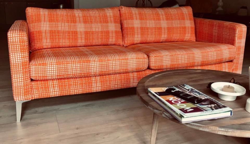 Ikea oranje / witte HOES ‘Husie’ voor 3-zitsbank Karlstadt, Gebruikt, 150 tot 200 cm, Driepersoons, 75 tot 100 cm