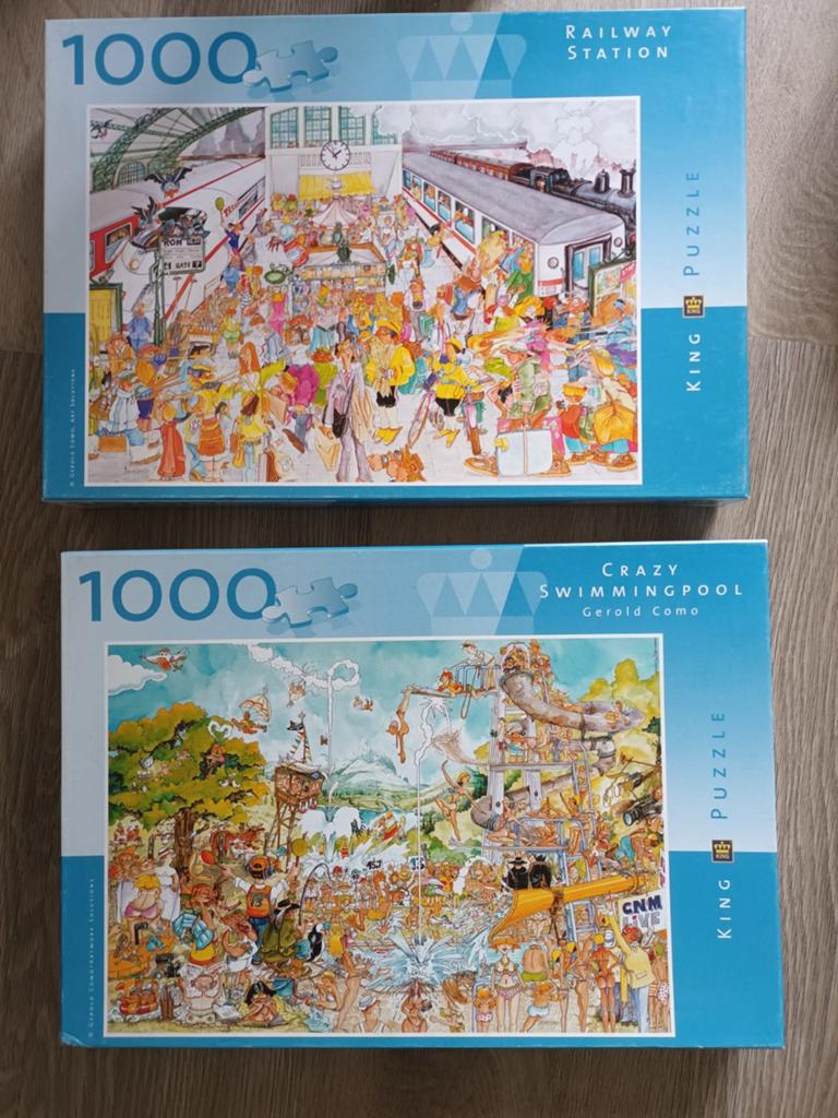 2x King Puzzel 1000 stukjes: Railway Station & Swimmingpool, Ophalen, 500 t/m 1500 stukjes, Gebruikt, Legpuzzel
