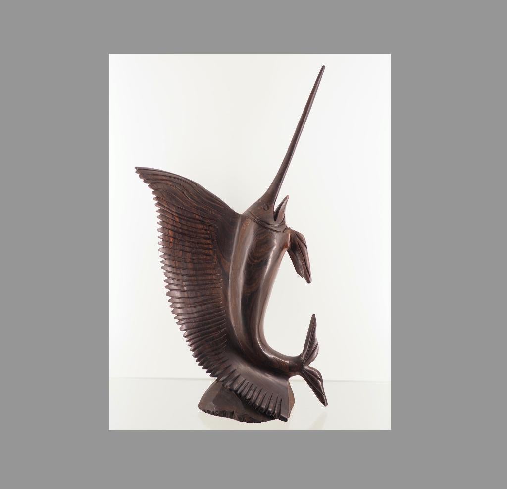 59cm Zeilvis sculptuur van IJzerhout Indonesië van vóór 1960, Handgemaakt, Zeeleven, Beeld, Hout