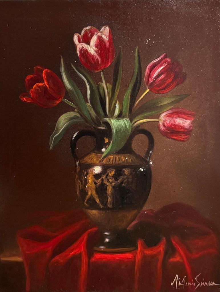 Antonio Sciacca schilderij – tulpen en amfoor, Antiek en Kunst, Kunst | Schilderijen | Klassiek, Ophalen of Verzenden