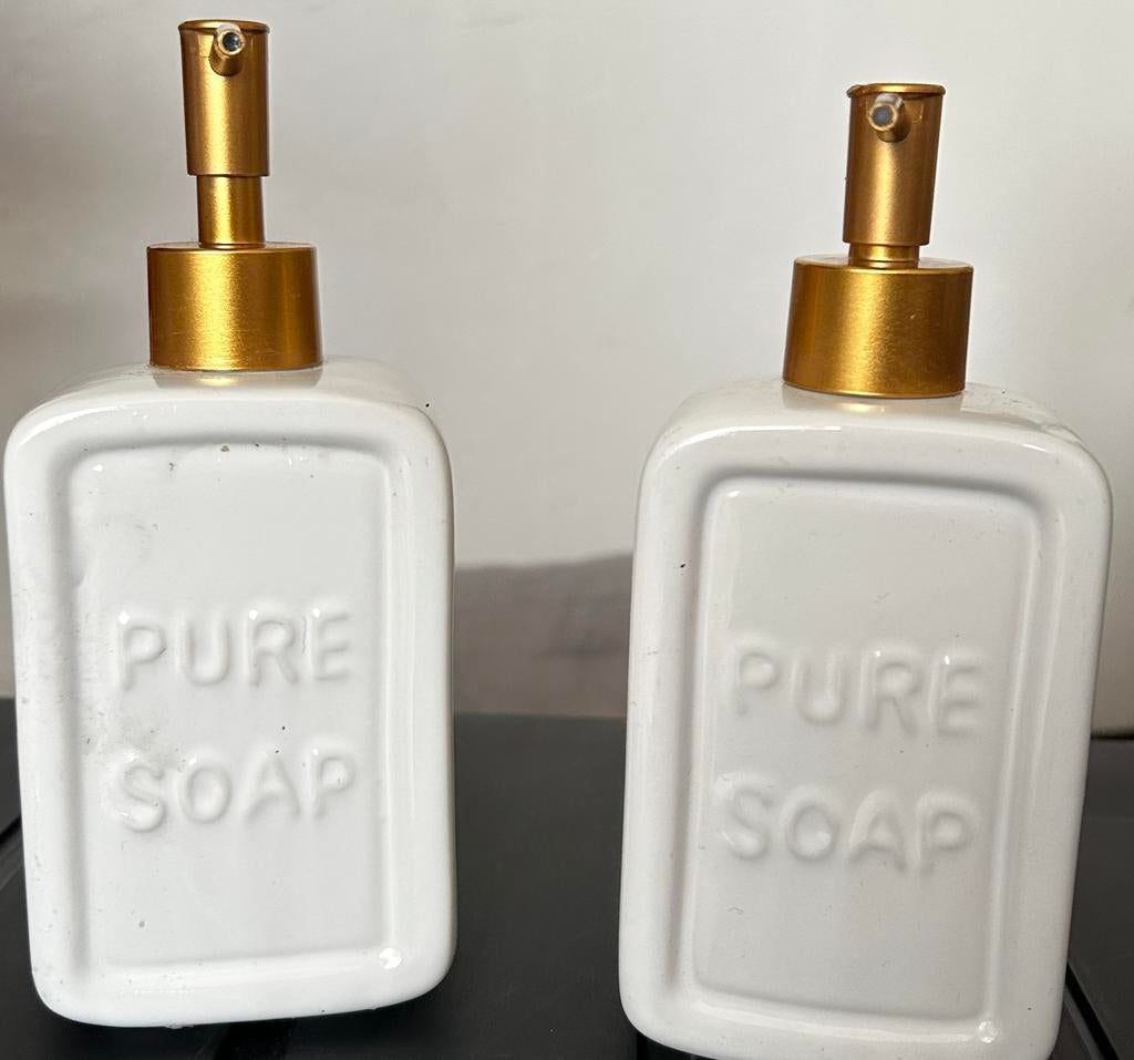 Set van 2 Witte Zeepdispensers met Gouden Pomp, Ophalen, Gebruikt, Wit, Overige typen