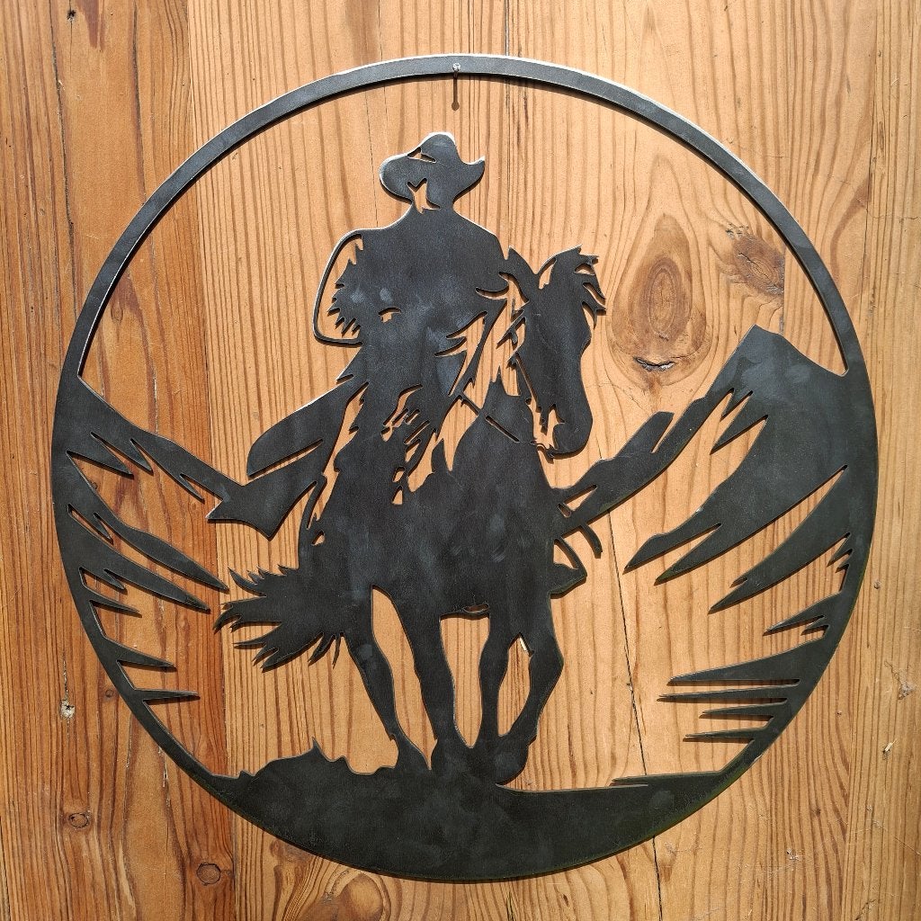 Cowboy op paard - Cortenstaal wanddecoratie, Western, Metaal, Wandsculptuur
